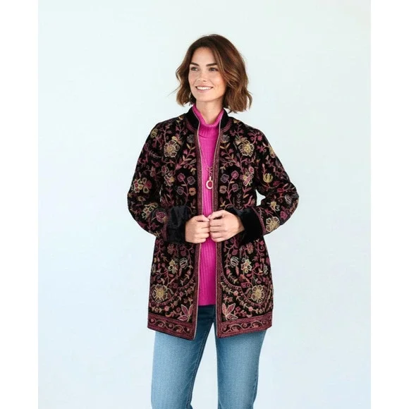 B0 SOFT SURROUNDINGS Astrid Velvet Floral Embroidered Jacket Size L $239 - Picture 1 of 6